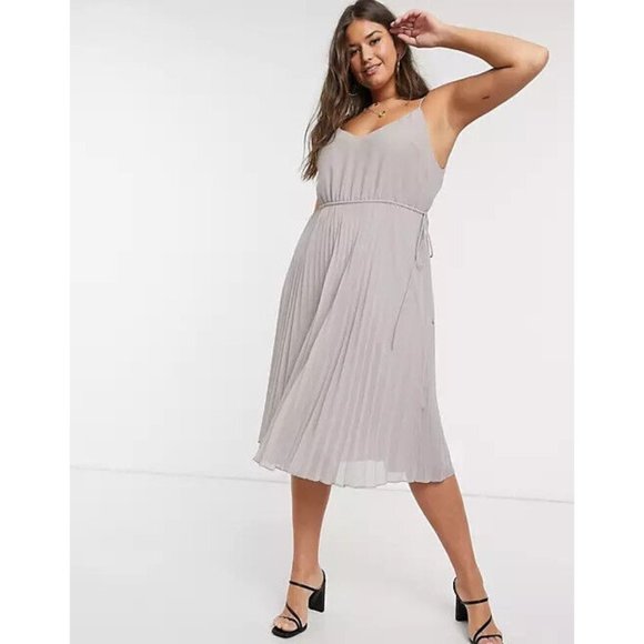 ASOS Dress Gray Pleated Cami Midi Sleeveless Drawstring NWT - Picture 1 of 11